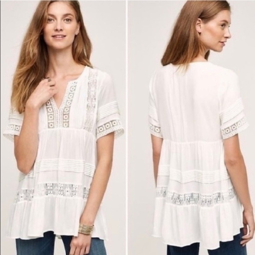 Maeve Lace Tunic Top Women Medium Crochet Pintuck Tiered Boho Blouse Cottagecore